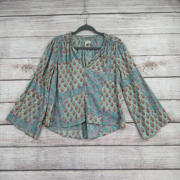Lilka Anthropologie BOHO Print Crop Boxy Blouse Womens Small Blue Pink Purple - Picture 1 of 13